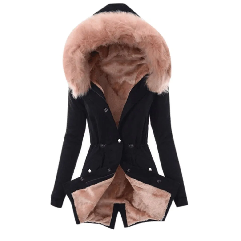 Women thick faux fur collar hooded slim fit winter coat
