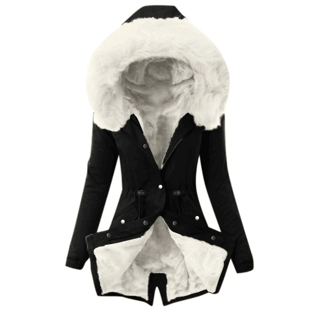 Women thick faux fur collar hooded slim fit winter coat
