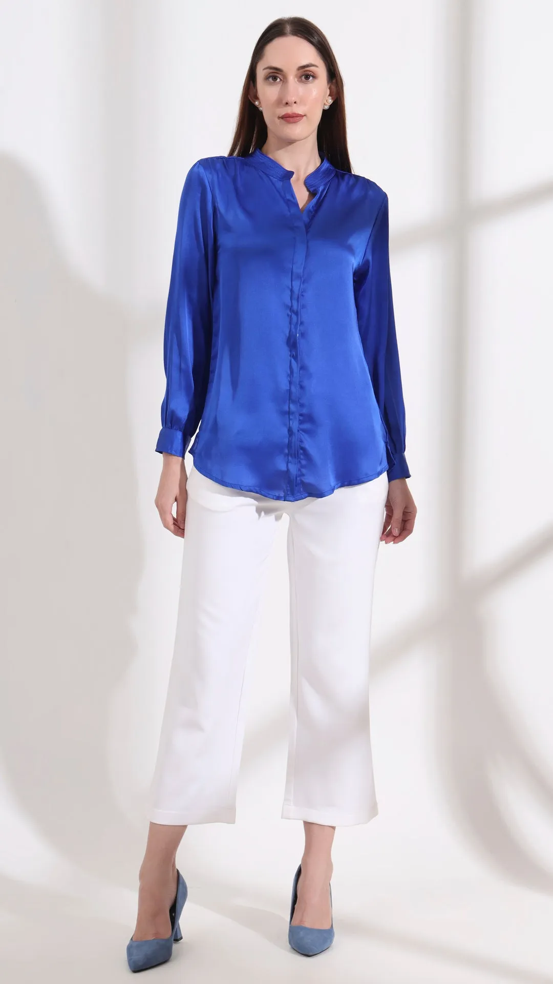 Womens Premium Summer Satin Royal Blue Mandarin Collar Shirt