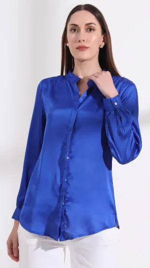 Womens Premium Summer Satin Royal Blue Mandarin Collar Shirt