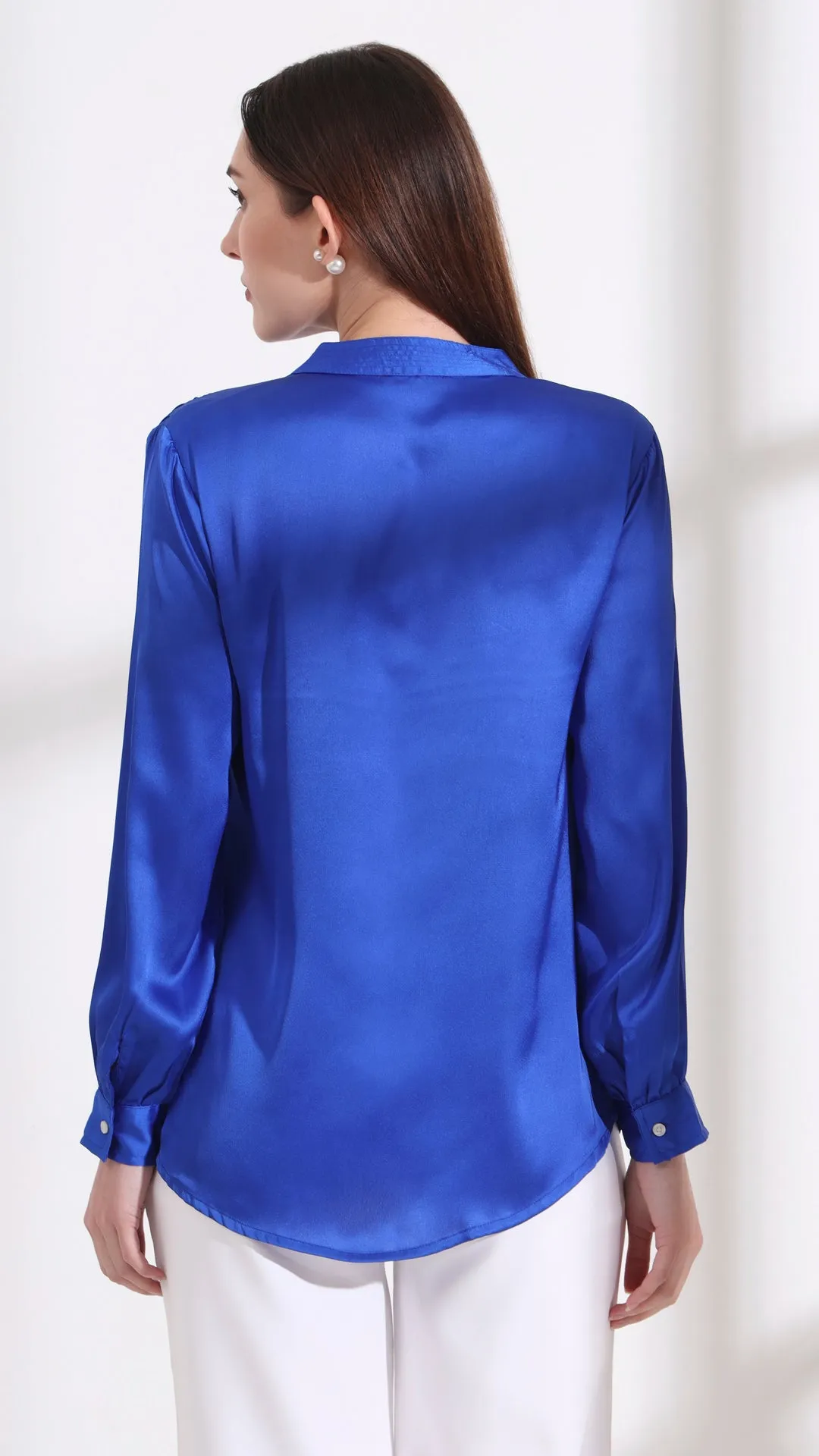 Womens Premium Summer Satin Royal Blue Mandarin Collar Shirt