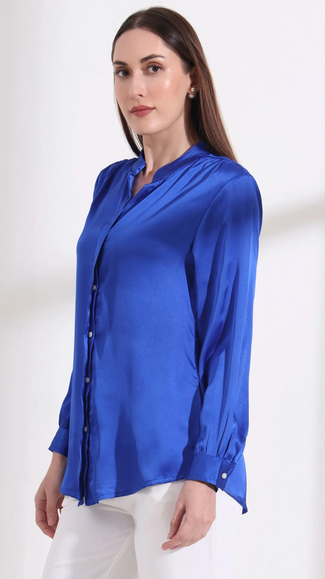 Womens Premium Summer Satin Royal Blue Mandarin Collar Shirt