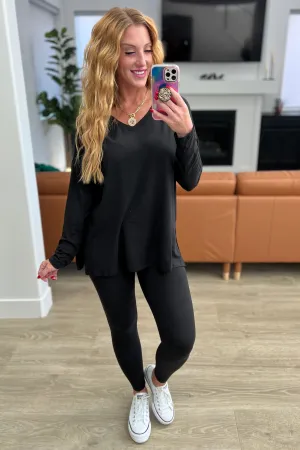 Zenana Buttery Soft V Neck Long Sleeve Loungewear Set in Black