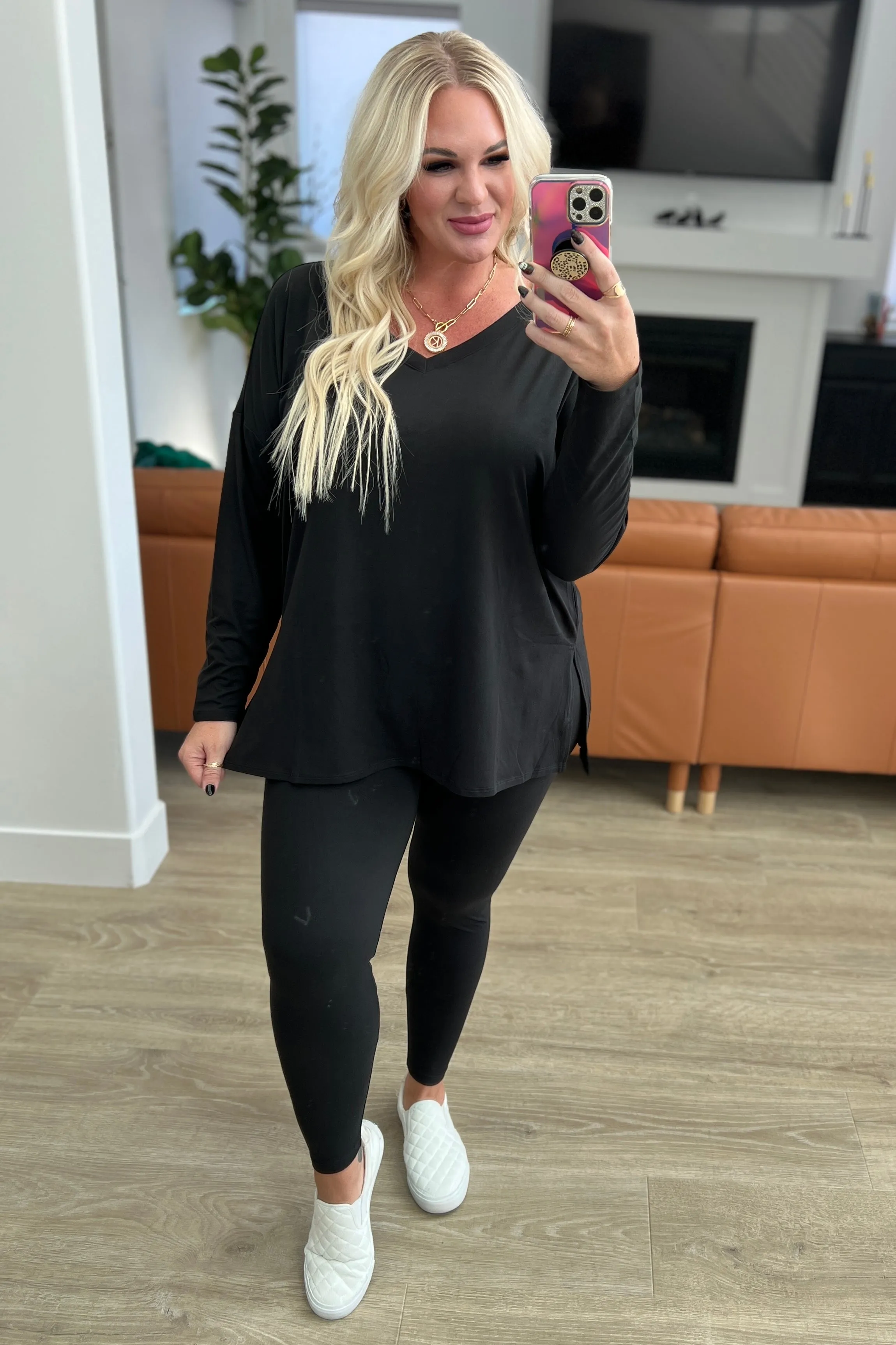 Zenana Buttery Soft V Neck Long Sleeve Loungewear Set in Black